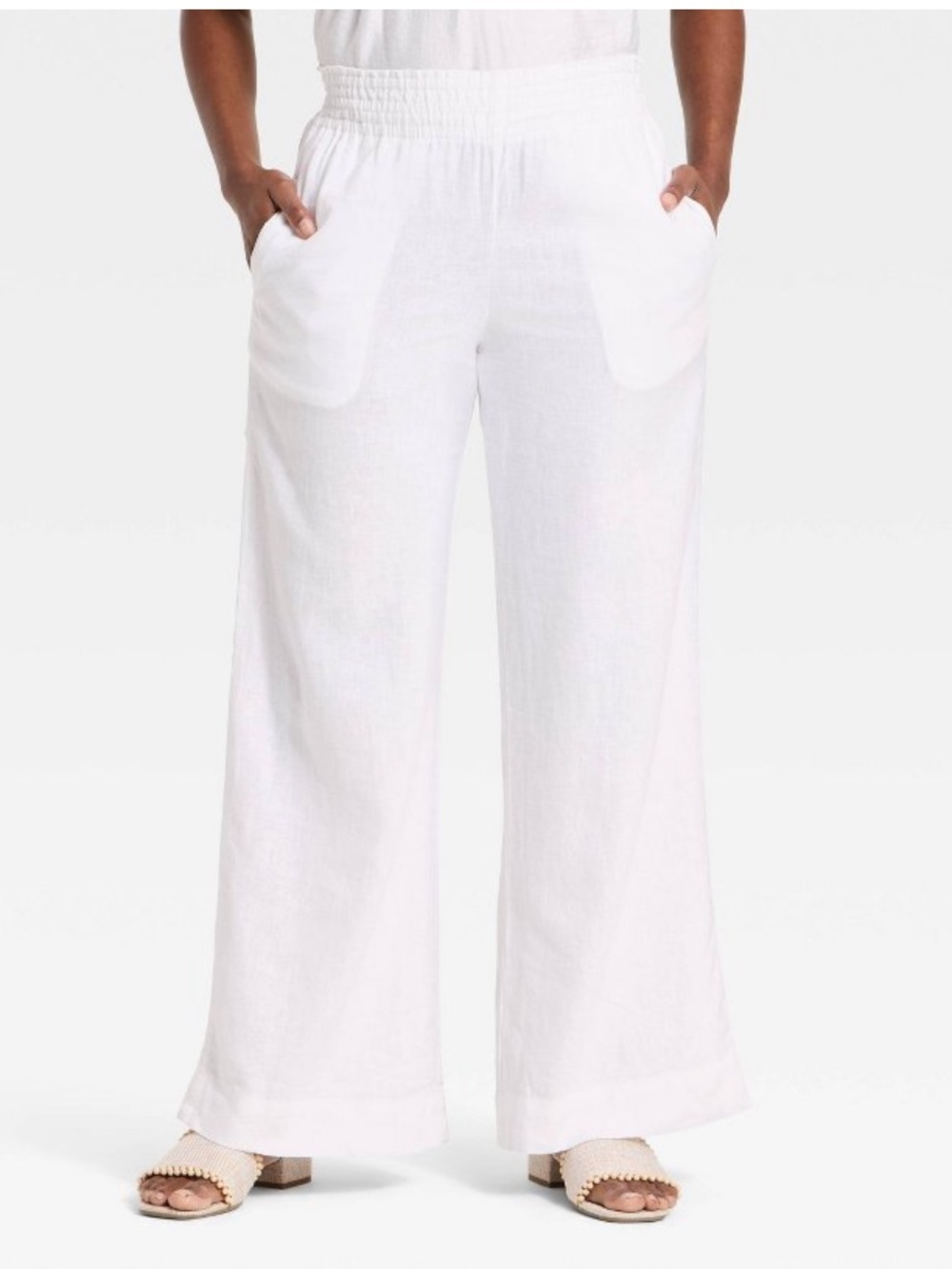 a new day White Wide-Leg Linen-Blend Pants with Patch Pockets